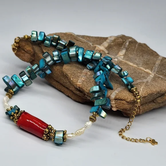 FP Ariana Ost Rare Designer Necklace Natural Coral Pearl Mother Of Pearl Stone - Picture 10 of 15